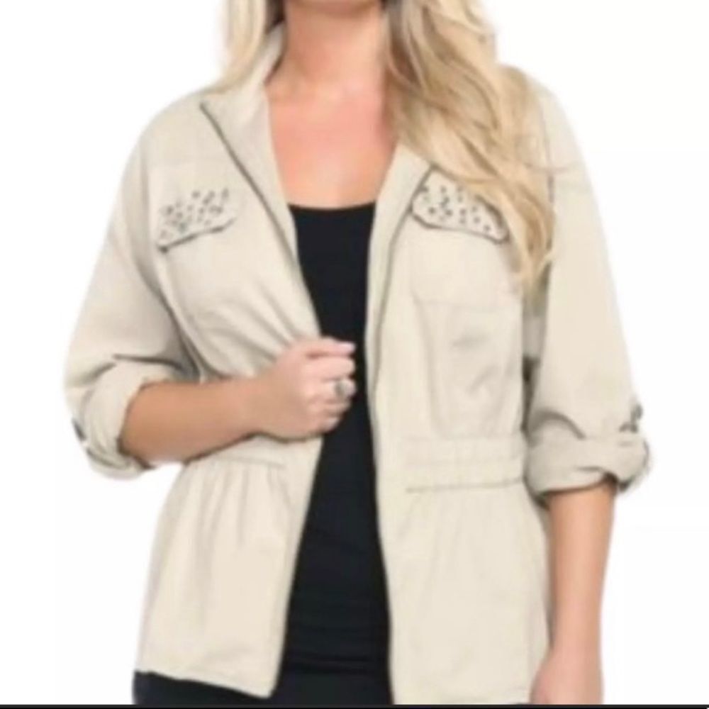 Torrid tan utility jacket with roll tab sleeves and rhinestone pockets